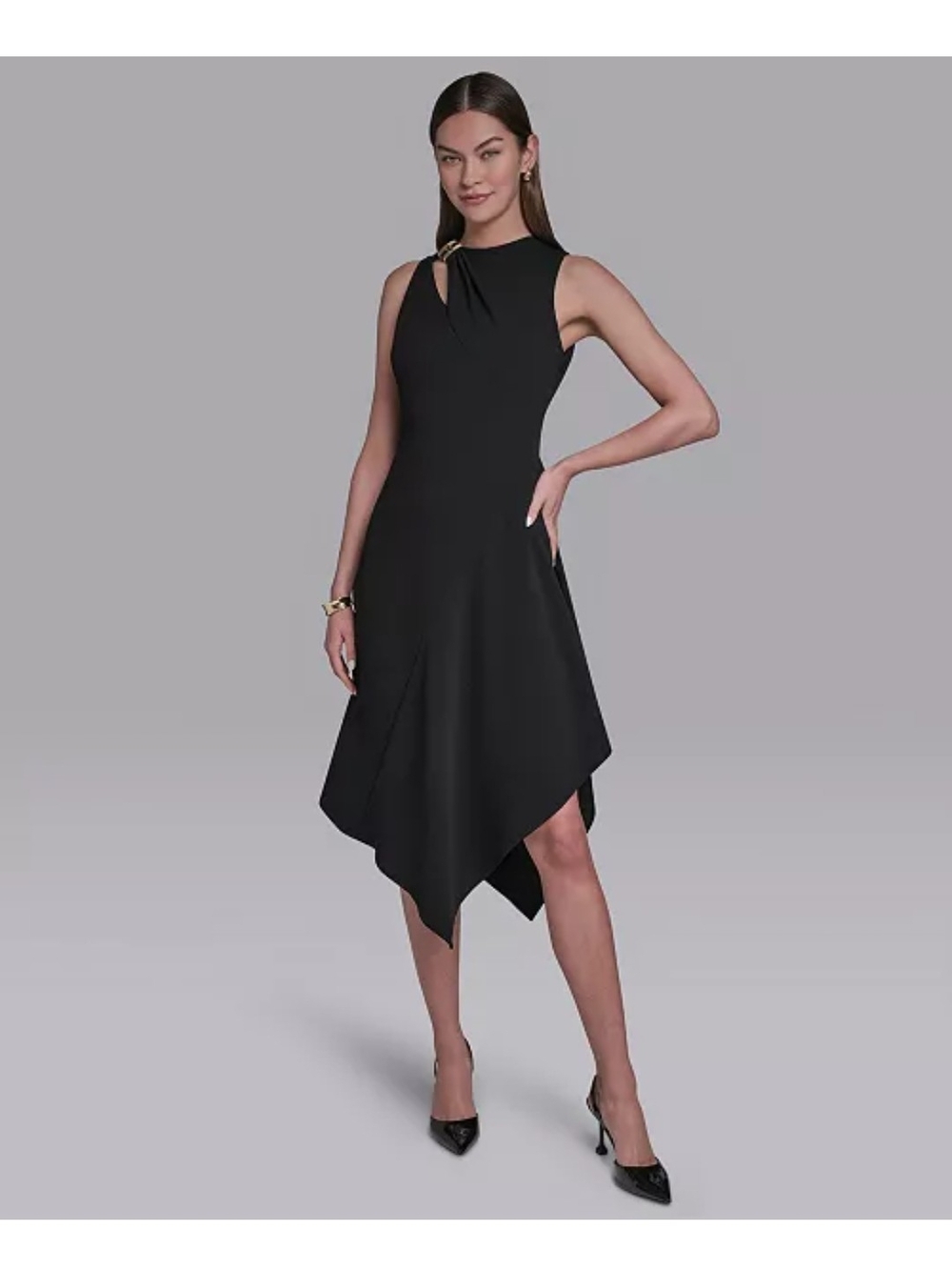 H by Halston Black Sleeveless Handkerchief-Hem Dress with Keyhole Accent